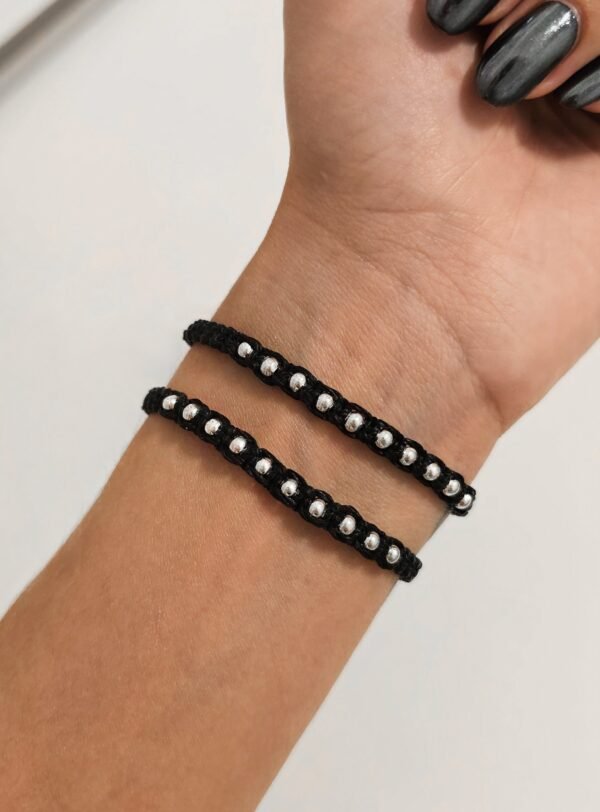 Pulsera bolitas negra acero blanco