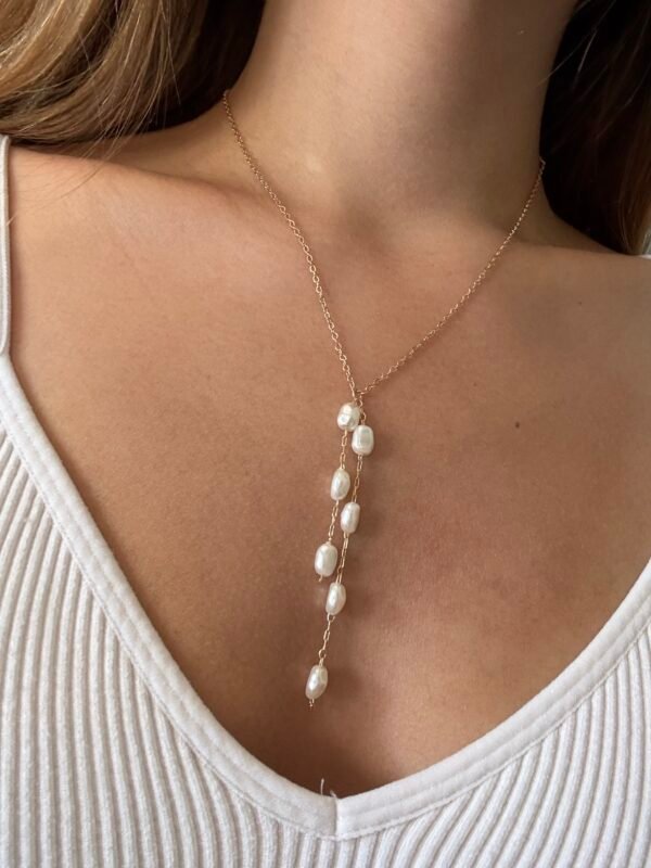 Collar largo doble perlas acero dorado